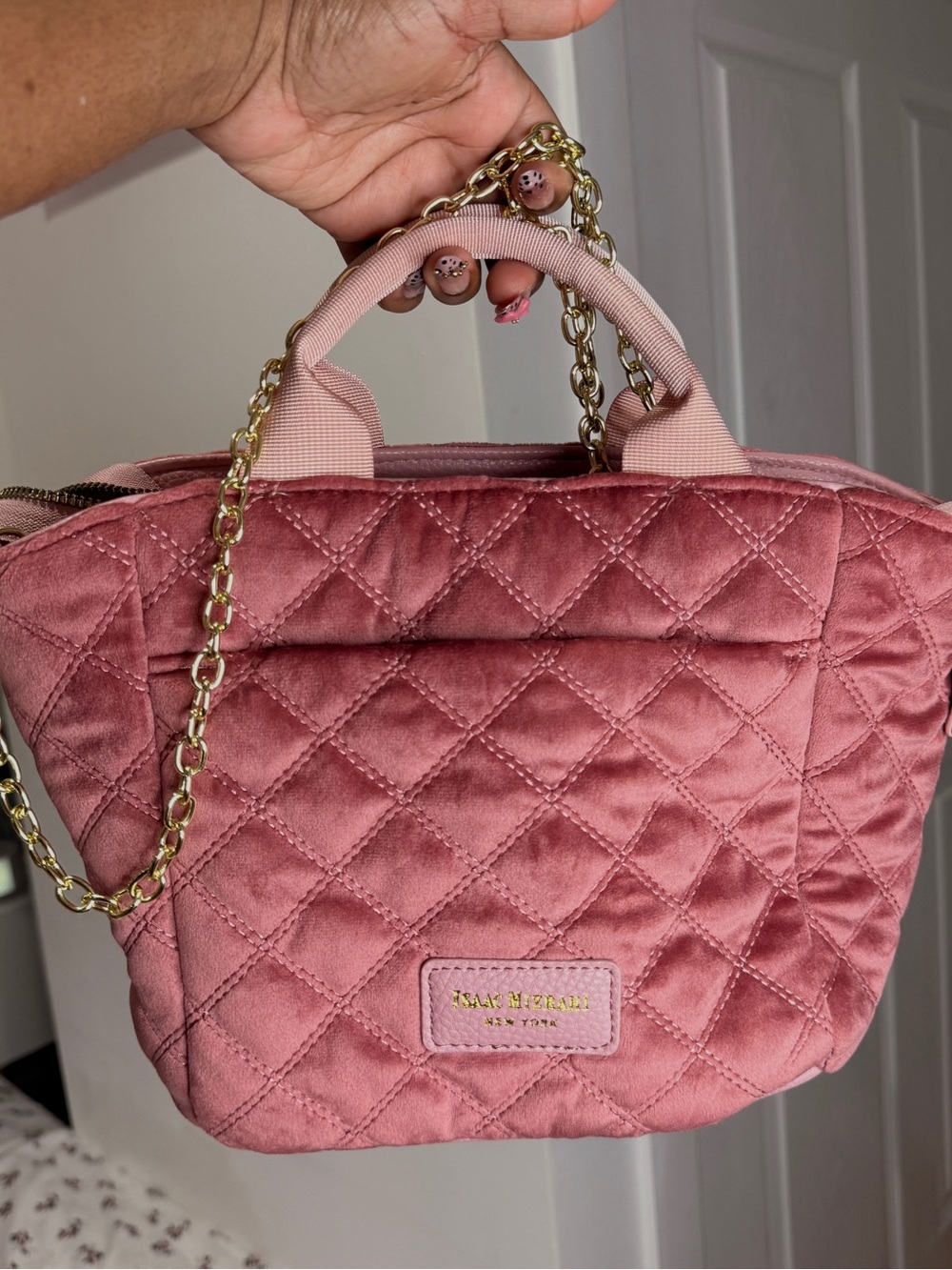 Isaac Mizrahi Quilted Blush Pink Velvet Top-Handle Chain Bag